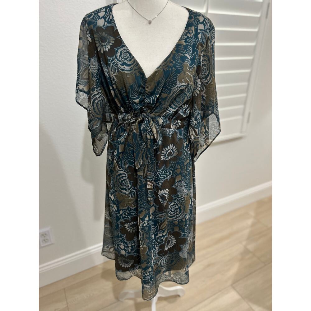 Dressbarn Paisley Blue and Brown Dress Sz 16 with adjustable drawstring waist
